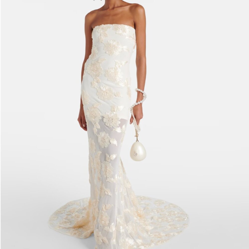 NWT ROTATE BIRGER CHRISTENSEN Bridal Alberty Floral-appliqué Mesh Gown In Egret